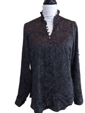 NWT EXPRESS Black Tiny Dots   Blouse Adjustable Sleeves Loop&Button Front Medium